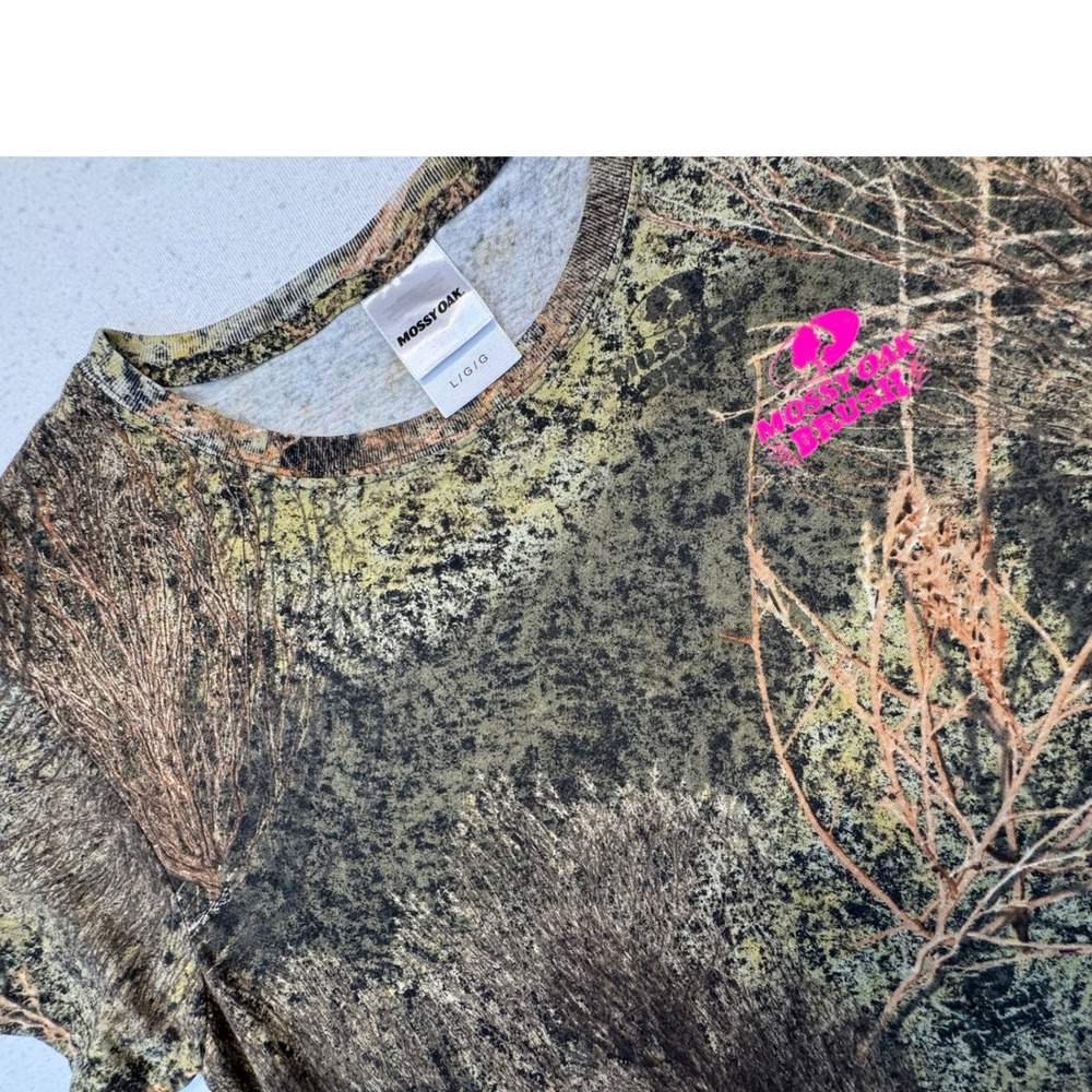 Mossy Oak T-Shirt Women Large Camo Brush Camouflage Pink Logo Tee